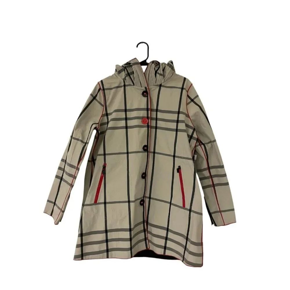 Ubu Womens Reversible Parisian Raincoat Small S beige Plaid Black Buttons NWT